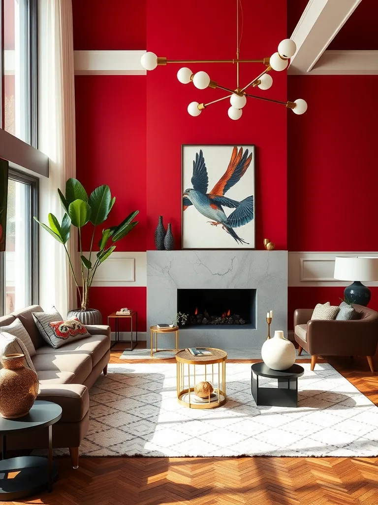 A living room featuring a bold red accent wall with modern furniture.