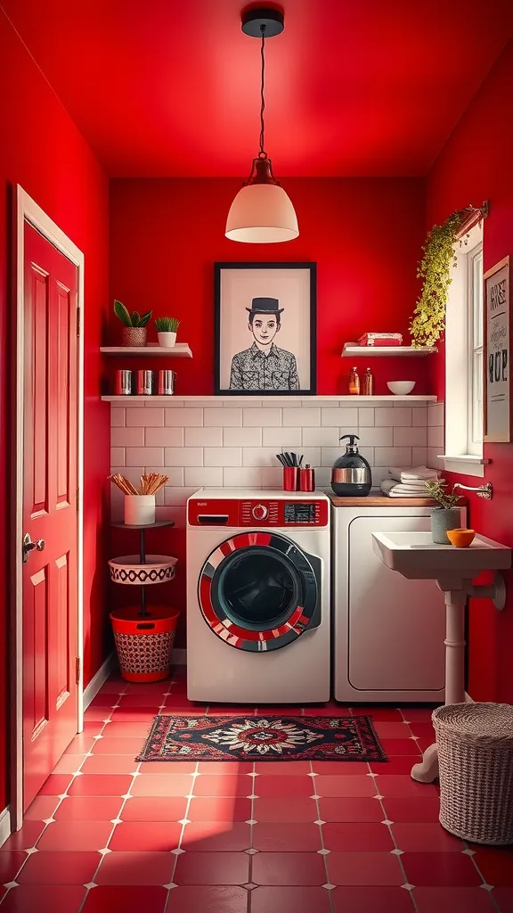 A vibrant laundry room painted in bold red with a washing machine and decorative elements.