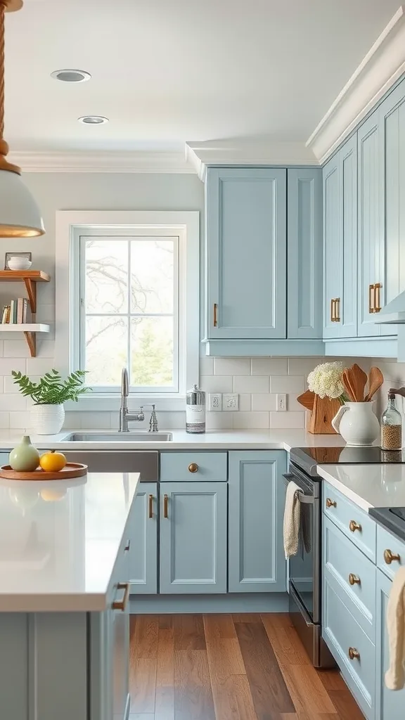 A bright kitchen featuring light blue cabinets, wooden floor, and brass hardware