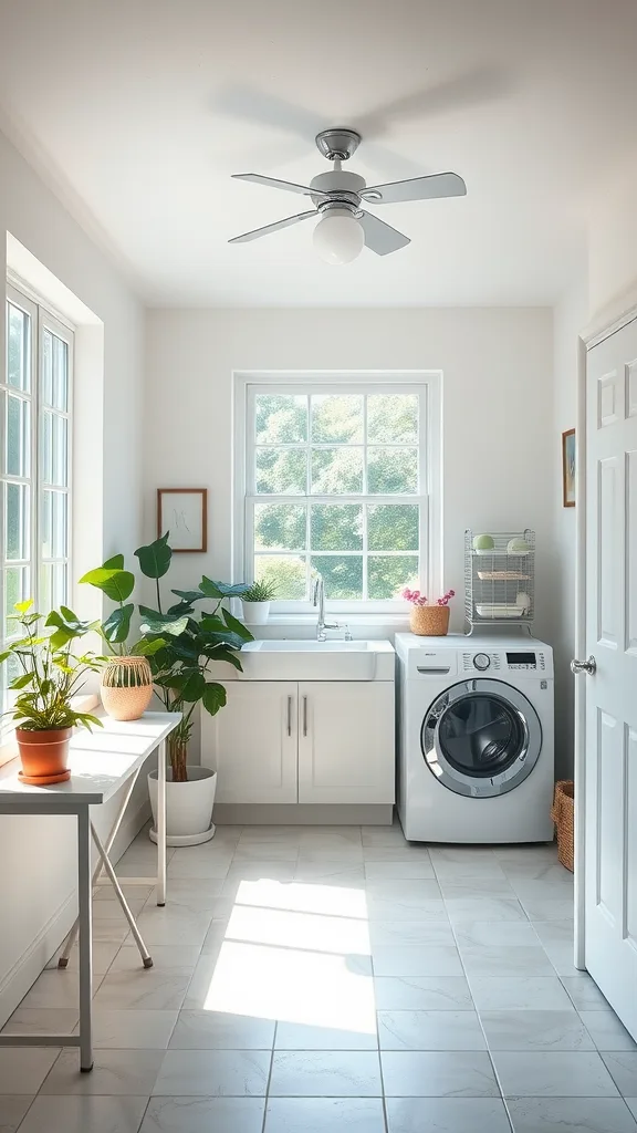 Bright and airy basement laundry room with large windows, plants, and modern appliances.