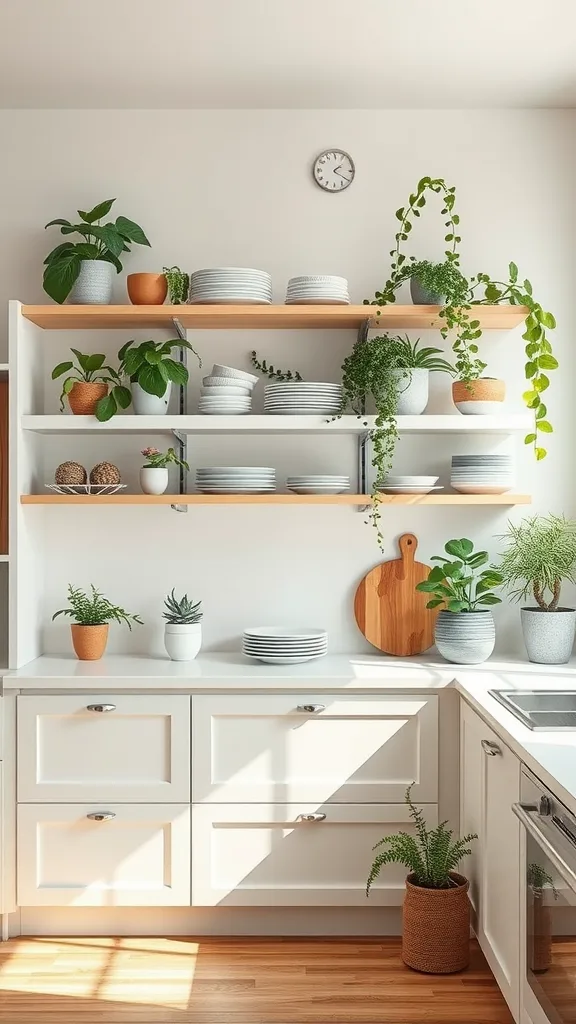 A modern kitchen with open shelving displaying plates and plants, creating a bright and airy feel.