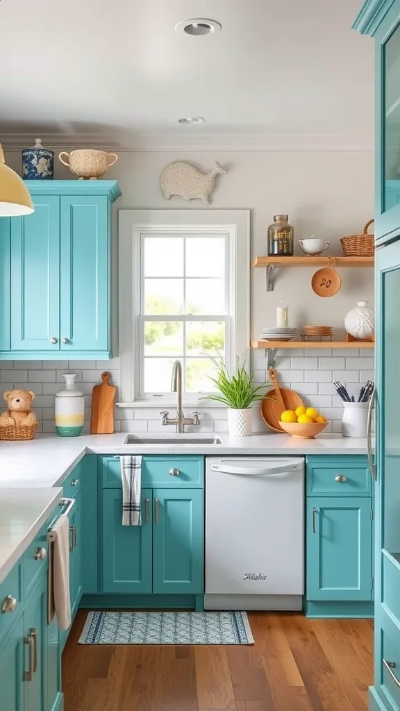 A bright aqua kitchen with wooden flooring and nautical decor.