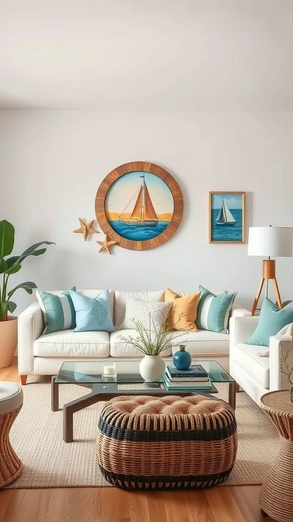 Coastal living room with a white sofa, colorful pillows, nautical wall art, and woven furniture.