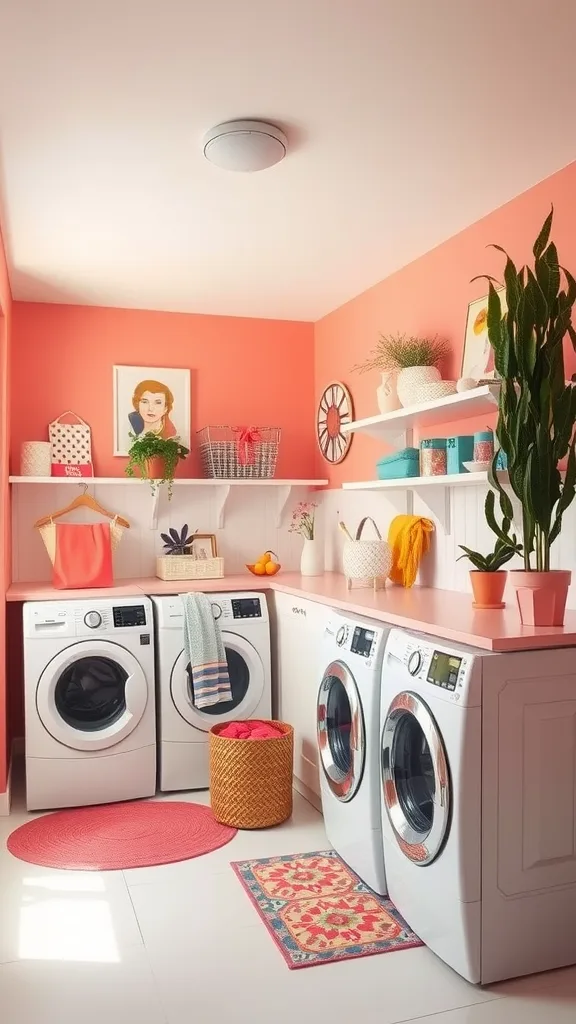 A bright coral laundry room featuring white appliances, plants, and colorful decor.