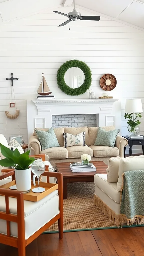 Bright white shiplap walls in a coastal living room with wooden furniture and nautical decor.