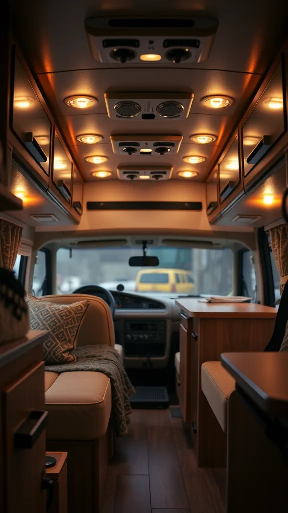 Interior of an RV with warm LED lighting illuminating the space.