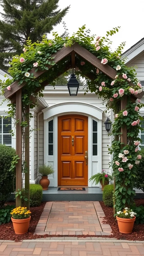 A wooden entryway arbor adorned with flowers leading to a front door.