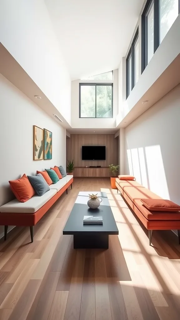 A long narrow living room featuring built-in bench seating with colorful cushions, a central coffee table, and large windows allowing natural light.