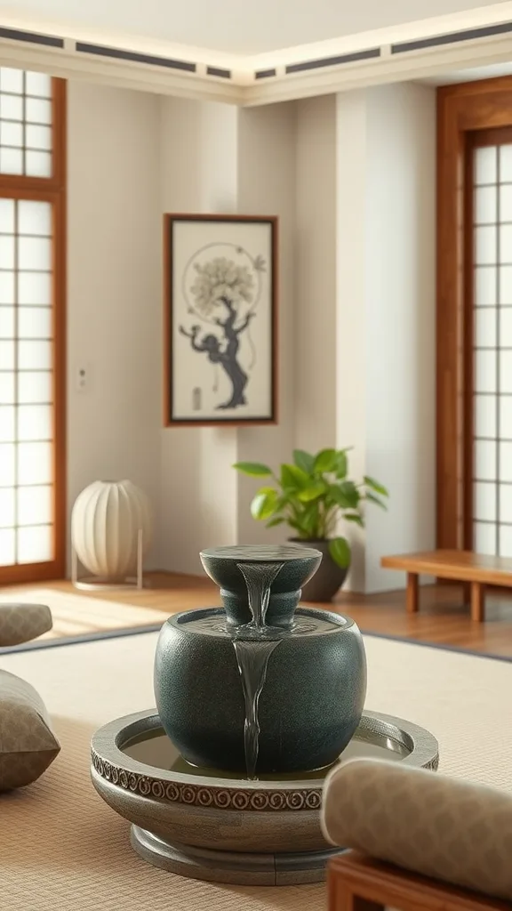 A soothing water feature in a Japandi-style living room, enhancing tranquility and style.