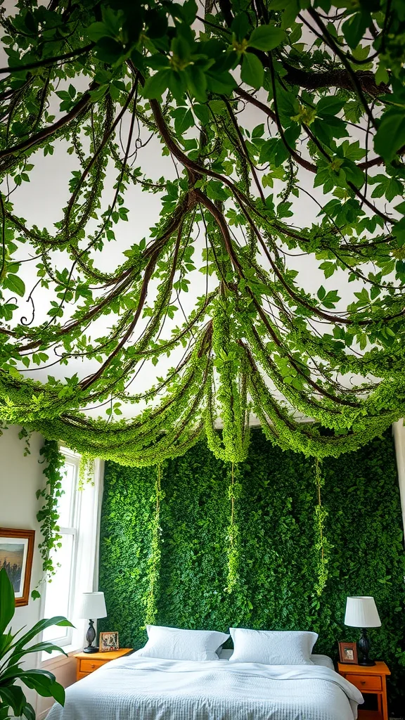 A bedroom with a green ceiling made of vines and a green wall backdrop, featuring a cozy bed and wooden furniture.