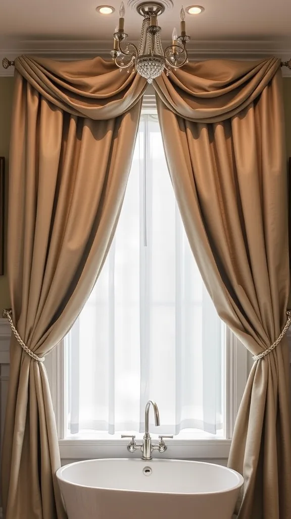 Elegant cascading fabric drapes framing a bathroom window, offering privacy and light.