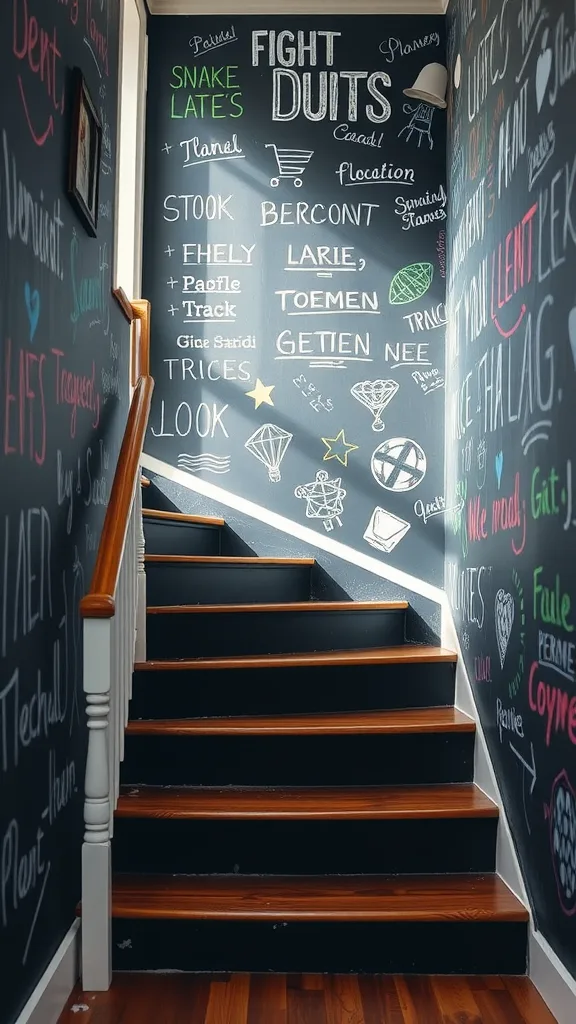 A staircase with black chalkboard paint walls decorated with colorful doodles and notes.