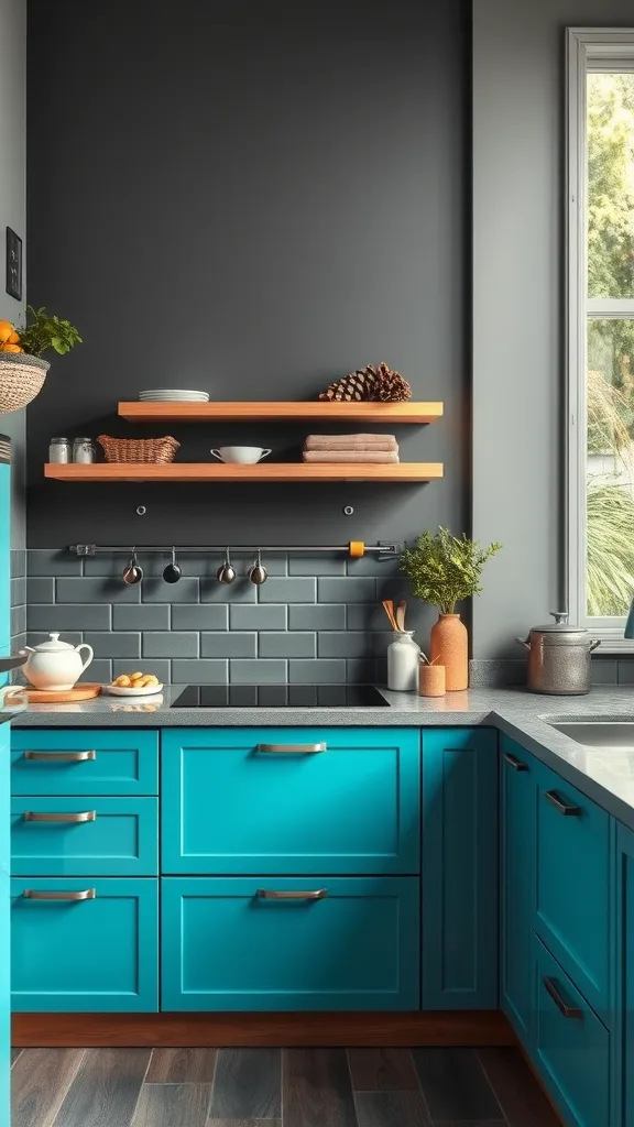 A kitchen featuring charcoal grey walls and ocean blue appliances, with wooden shelves and plants.