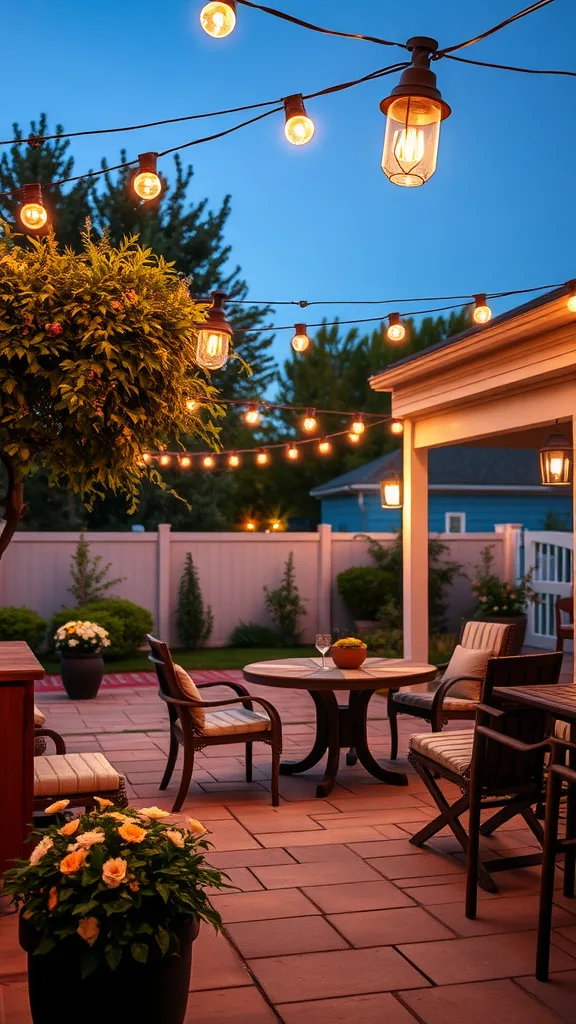 A beautifully lit backyard patio with bistro lights, a round table, and chairs surrounded by flowers.