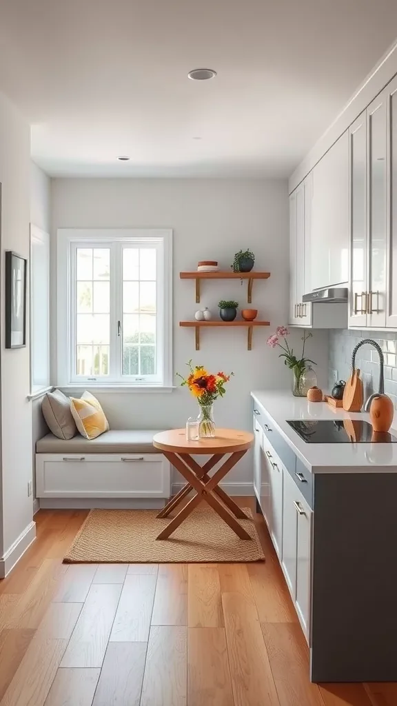 A charming breakfast nook with a cozy bench, round wooden table, and potted plants on shelves.