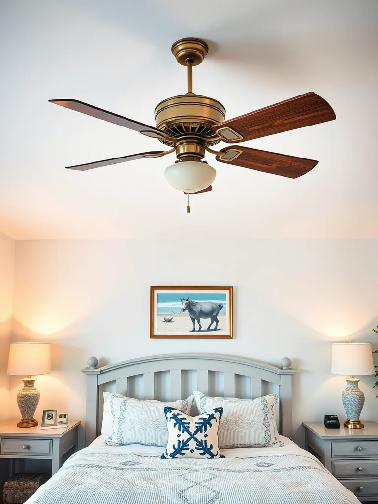 Ceiling fan in a coastal-themed bedroom