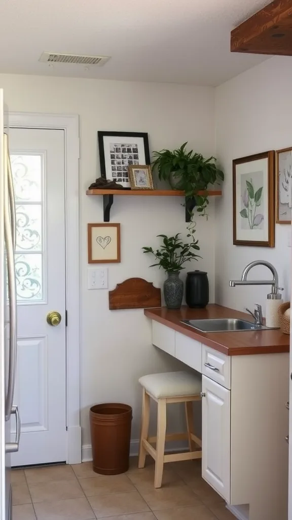 A cozy basement kitchenette with wooden accents and decorative plants