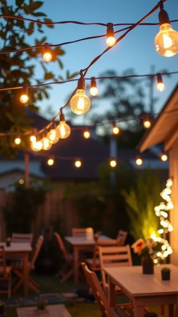 Backyard patio with string lights overhead, tables set up, and cozy atmosphere