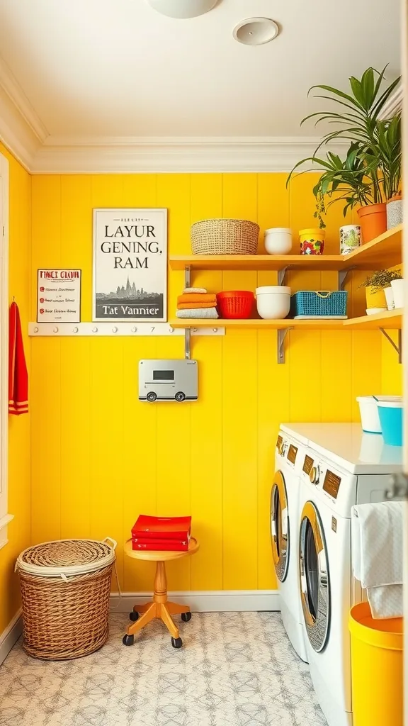 Bright yellow laundry room featuring a washing machine, a small table, and colorful storage baskets.