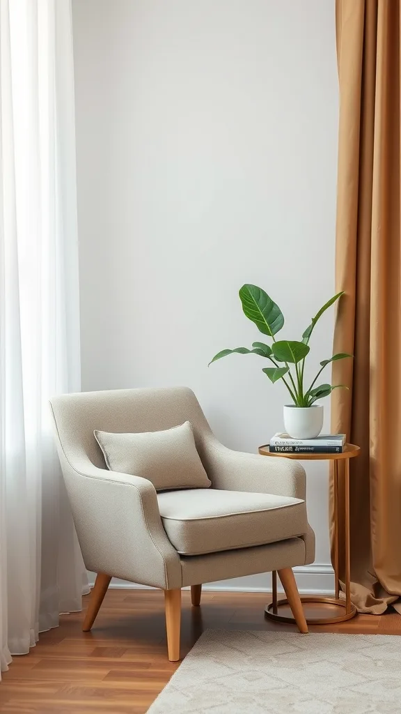 Cozy living room corner featuring a chic accent chair with a side table and a small plant.