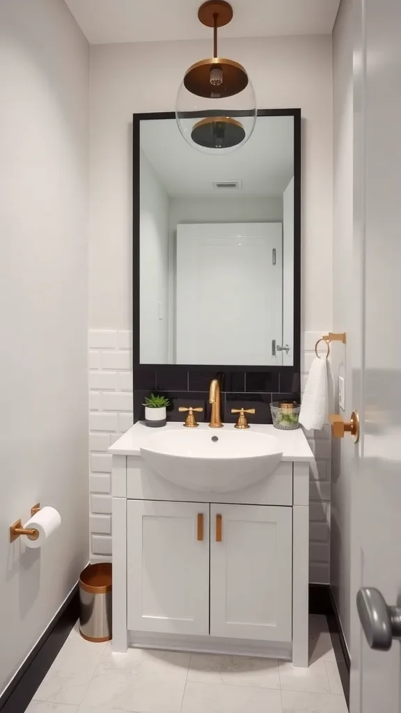 A half bathroom featuring a black accent wall, modern sink, and stylish fixtures.