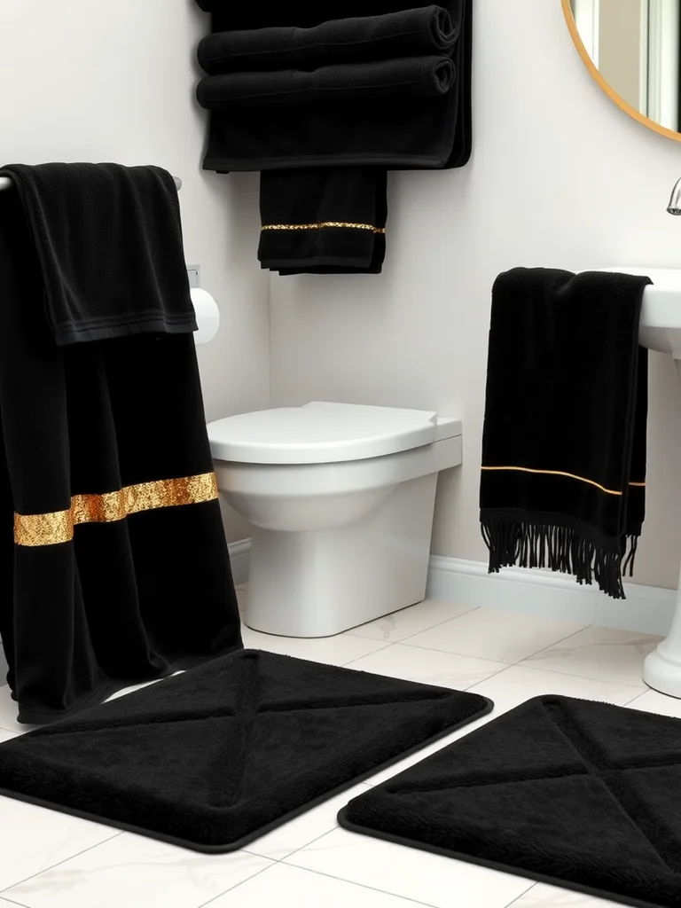 Chic black and gold bathroom textiles including towels and rugs