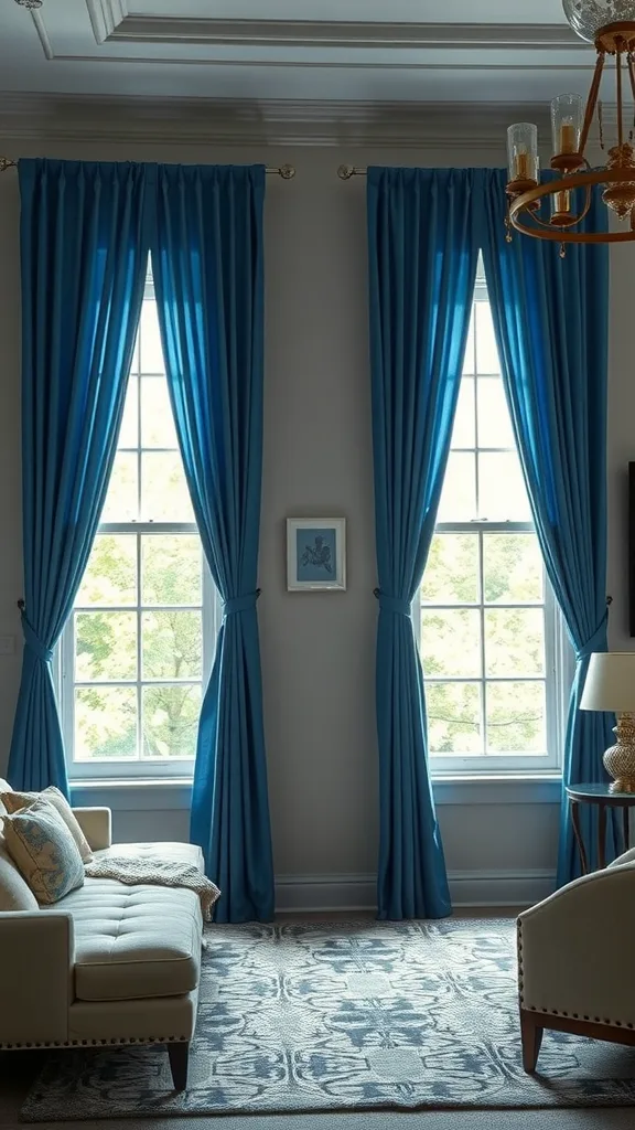 A stylish living room featuring tall blue curtains and a beige sofa.