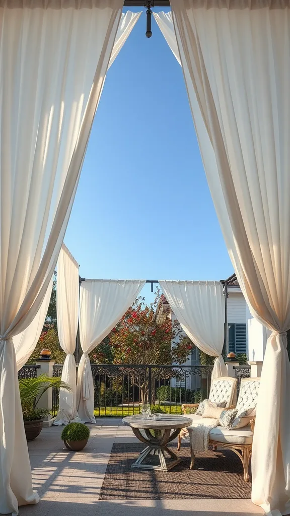 A chic patio featuring drapes and a cozy seating area