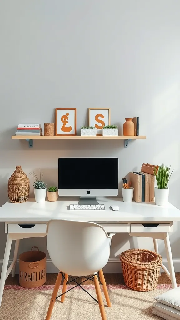 A stylish boho-inspired home office setup featuring a white desk with an iMac, decorative items, and plants on a shelf above.