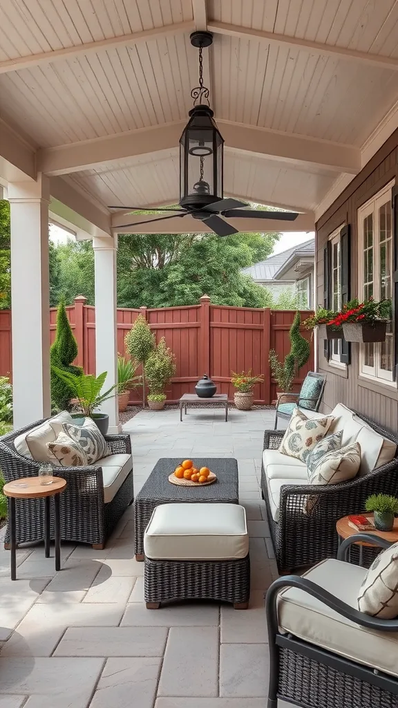 Chic outdoor lounge with comfortable seating and decorative elements