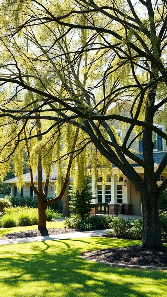 A beautifully landscaped front yard featuring trees with yellow-green leaves and a well-maintained lawn.