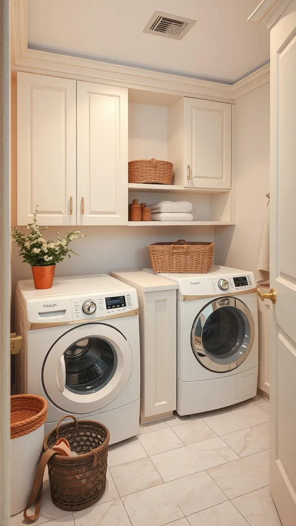 A stylish laundry room with beige walls and modern appliances, featuring shelves and decorative baskets.