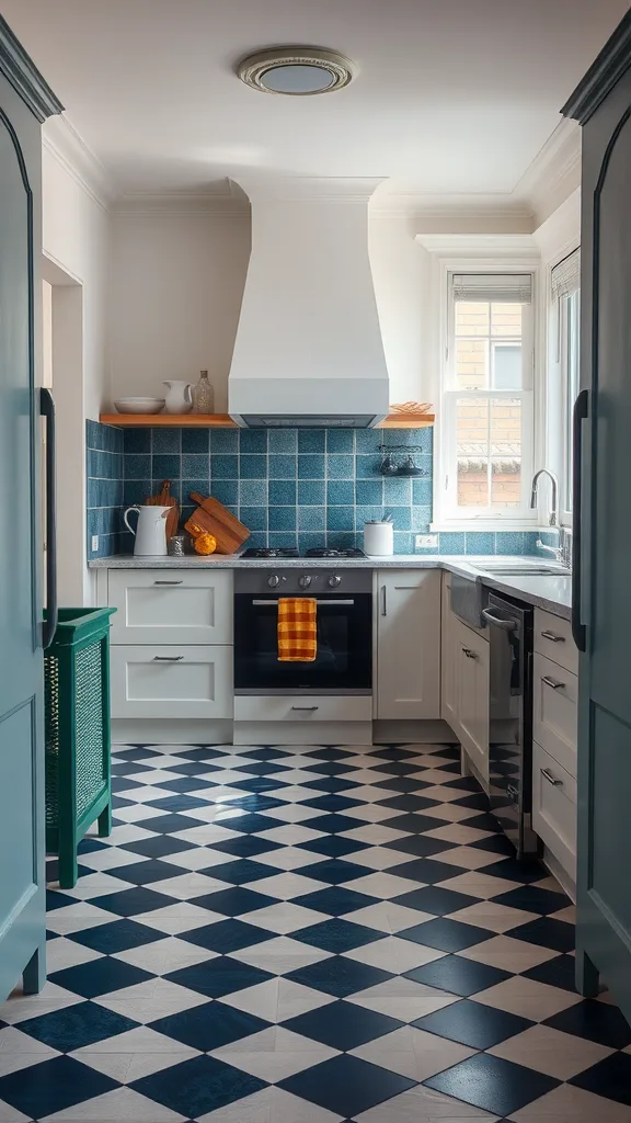 A kitchen featuring a blue and grey checkerboard floor with modern appliances and decor.