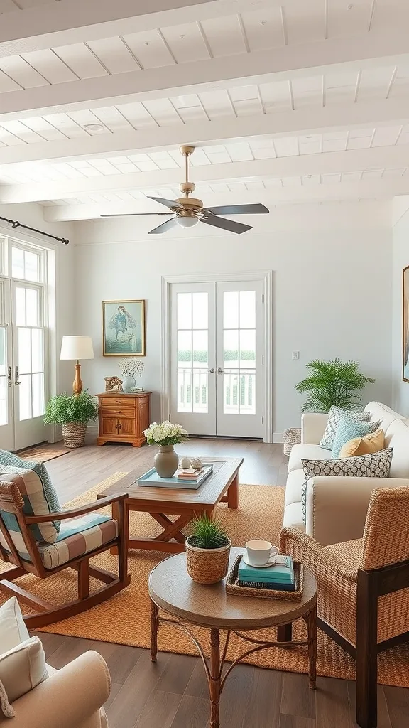 A neutral coastal living room featuring rattan furniture, soft blue accents, and natural light.