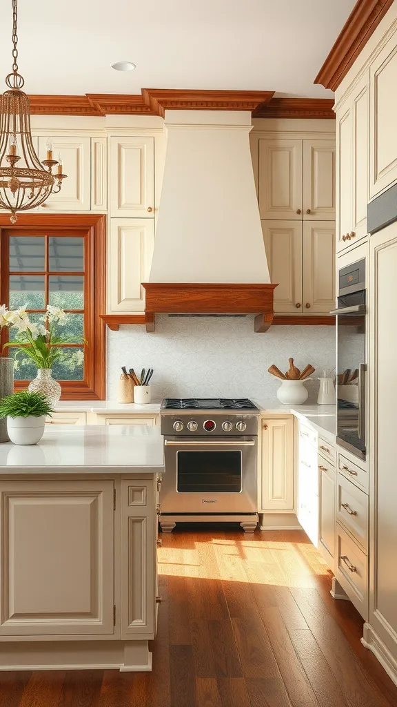 A bright kitchen featuring classic cream cabinets with wooden accents, a modern stove, and a window letting in natural light.