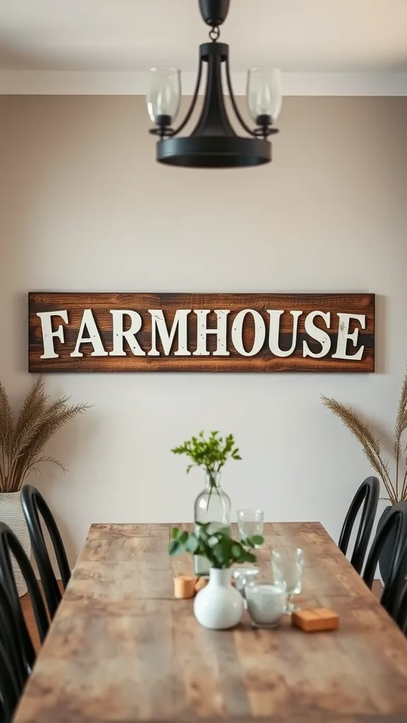 A rustic farmhouse sign reading 'FARMHOUSE' displayed in a dining room with a wooden table and plants.