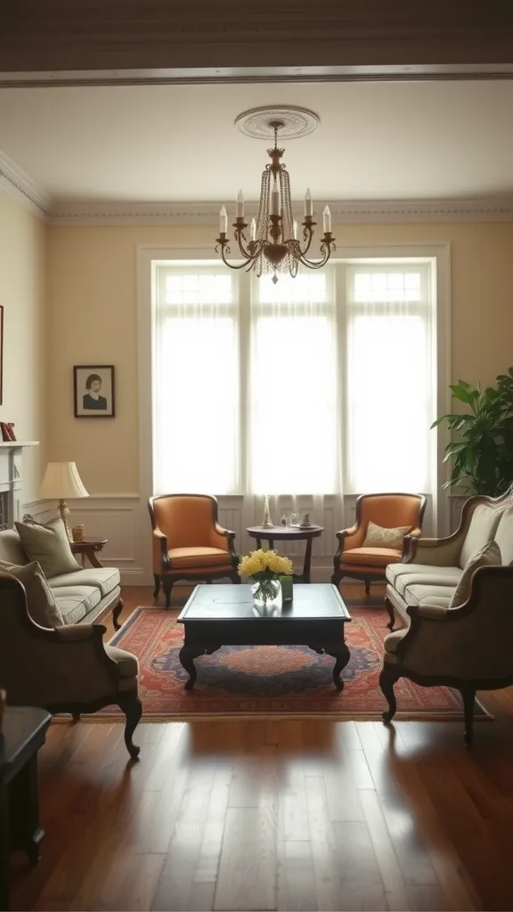 A classic living room featuring a chandelier, armchairs, and a patterned area rug.