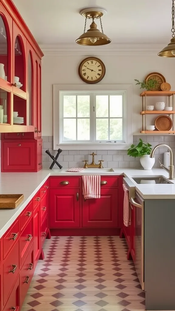 A kitchen featuring bright red cabinets, white countertops, and black-and-white tiled flooring.