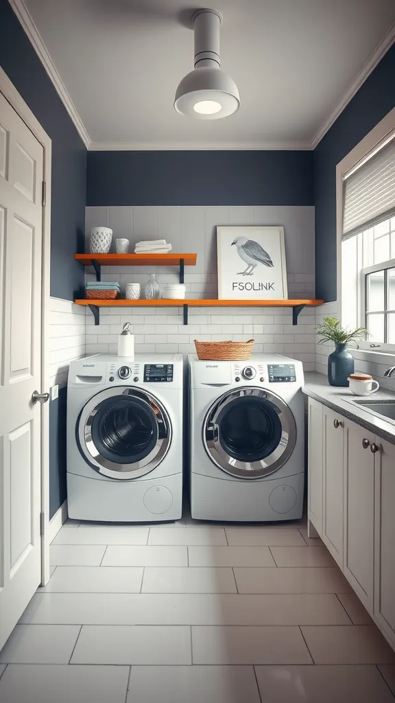 Laundry room featuring white cabinets and navy walls with modern appliances.