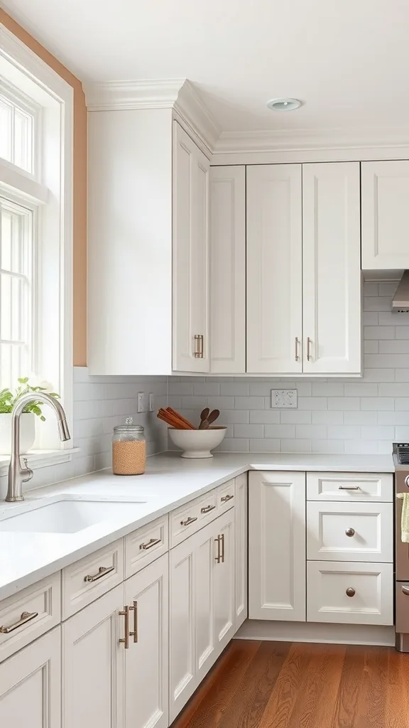 A kitchen featuring classic white cabinets with elegant hardware and a warm wooden floor.