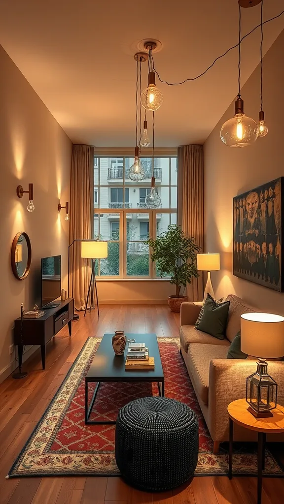 A long narrow living room featuring stylish lighting options, including hanging bulbs and wall sconces.