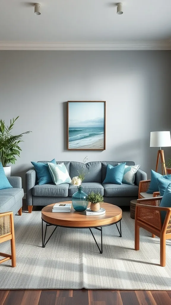 A stylish gray living room with coastal blue accents, including pillows, decor, and a nature-themed artwork.