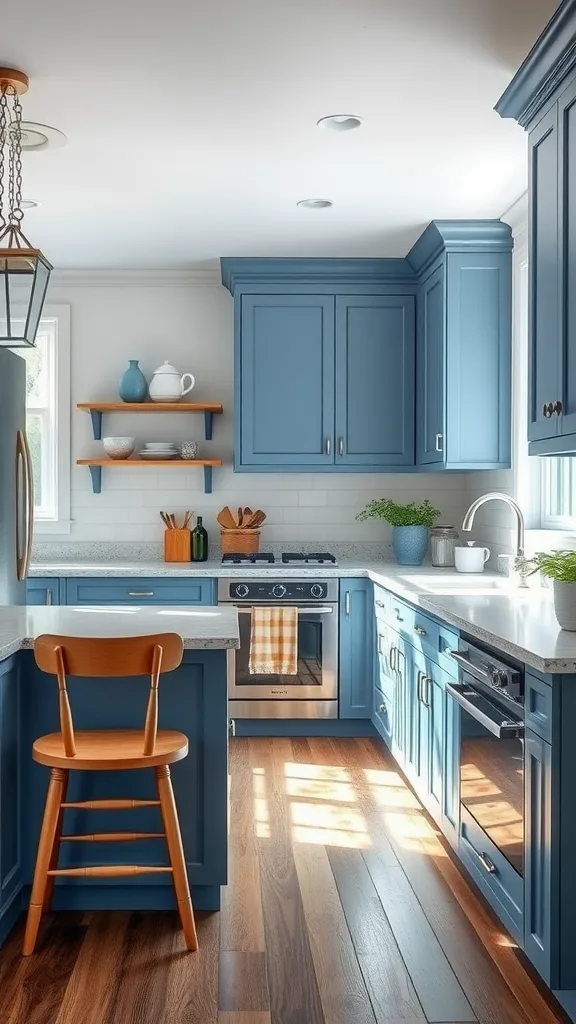 A bright kitchen featuring coastal blue cabinets and grey accents