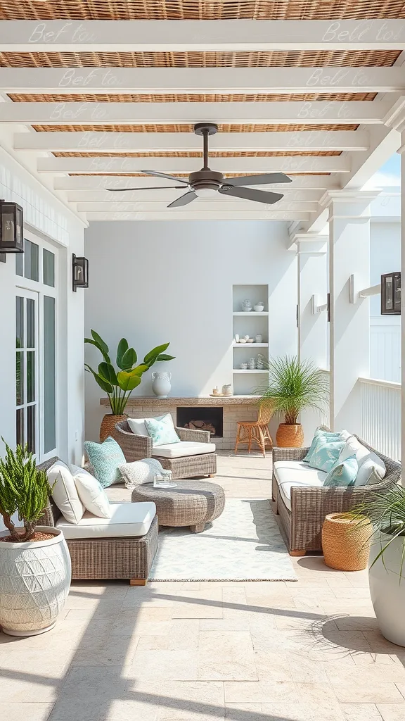 A coastal inspired patio with wicker furniture, cushions, and plants, creating a serene outdoor space.