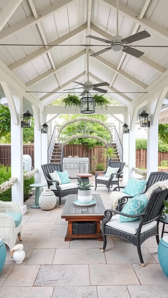 A cozy covered outdoor patio decorated with coastal inspired decor featuring wicker chairs, turquoise cushions, and natural greenery.