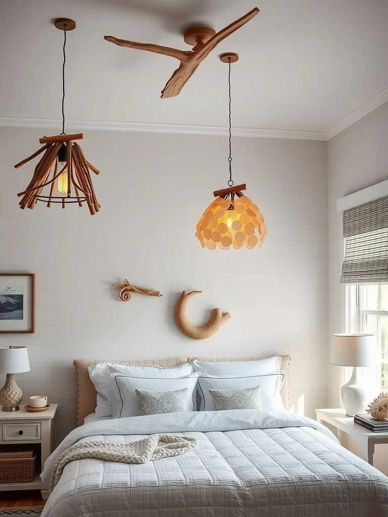 Coastal bedroom with unique lighting fixtures resembling driftwood and seashells.