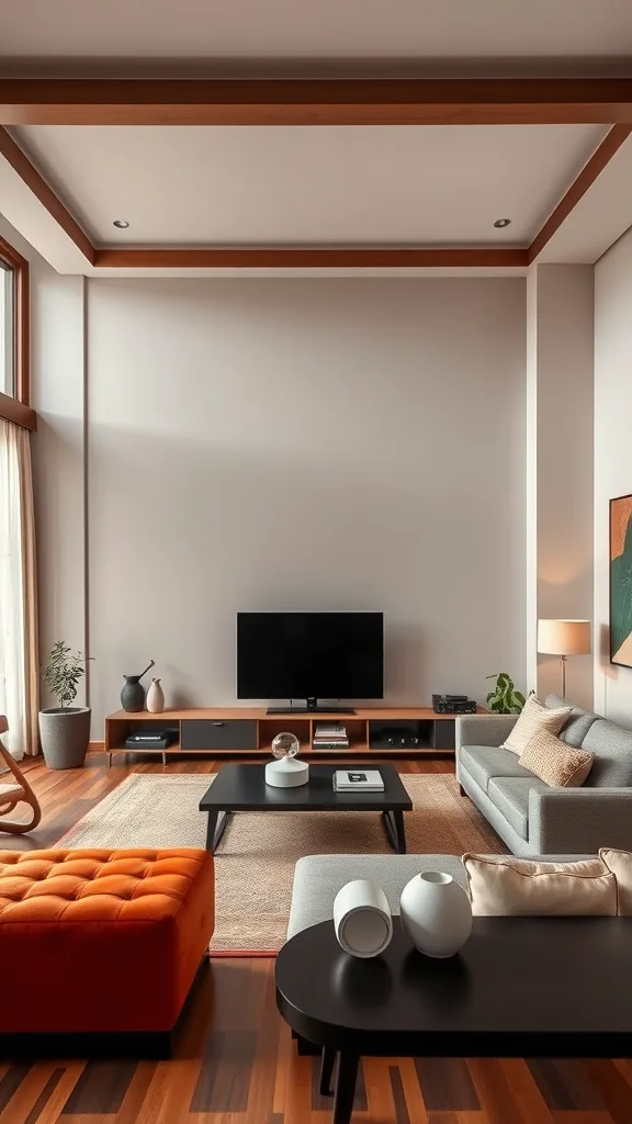 A modern Japandi living room featuring a mix of orange and neutral colors with wooden accents.