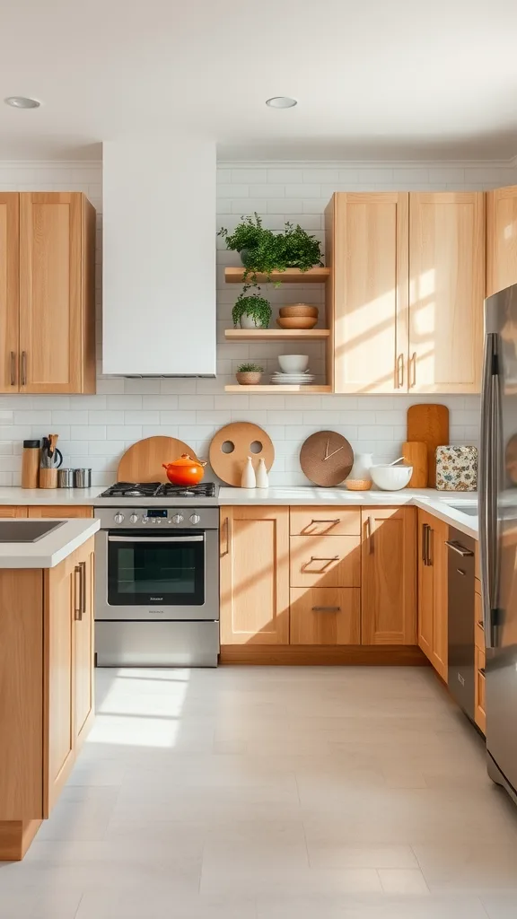 A modern kitchen with light wood cabinets, stainless steel appliances, and natural decor elements.