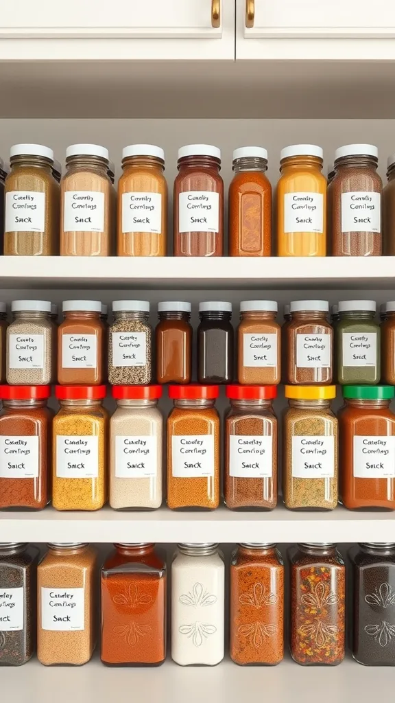 A well-organized spice rack with colorful jars and clear labels.