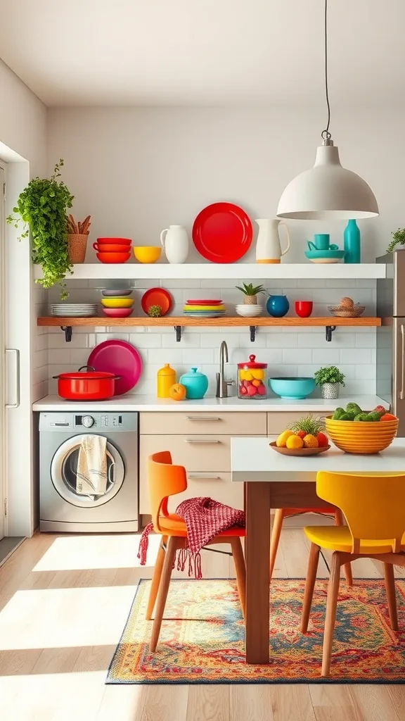 A colorful modern kitchen with vibrant dishware and decor.